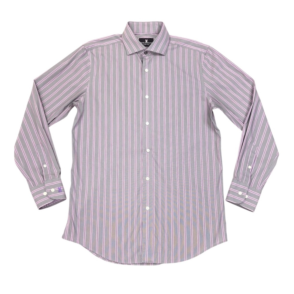 Psycho Bunny Men's Slim Fit Button Up Striped Shirt Size 15 32/33 Gray Purple